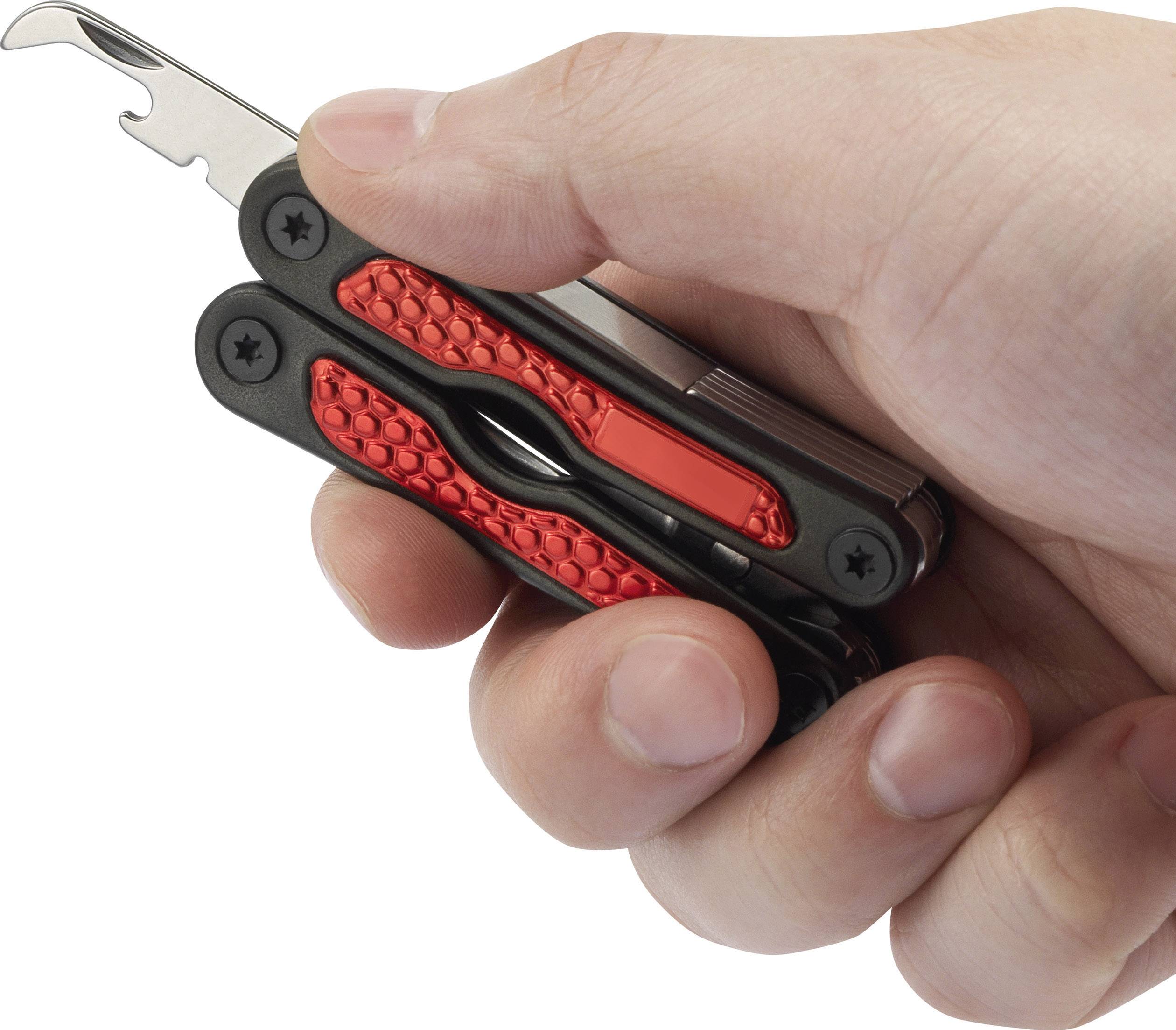 A hand is holding a black and red multi-tool with an opened bottle opener.