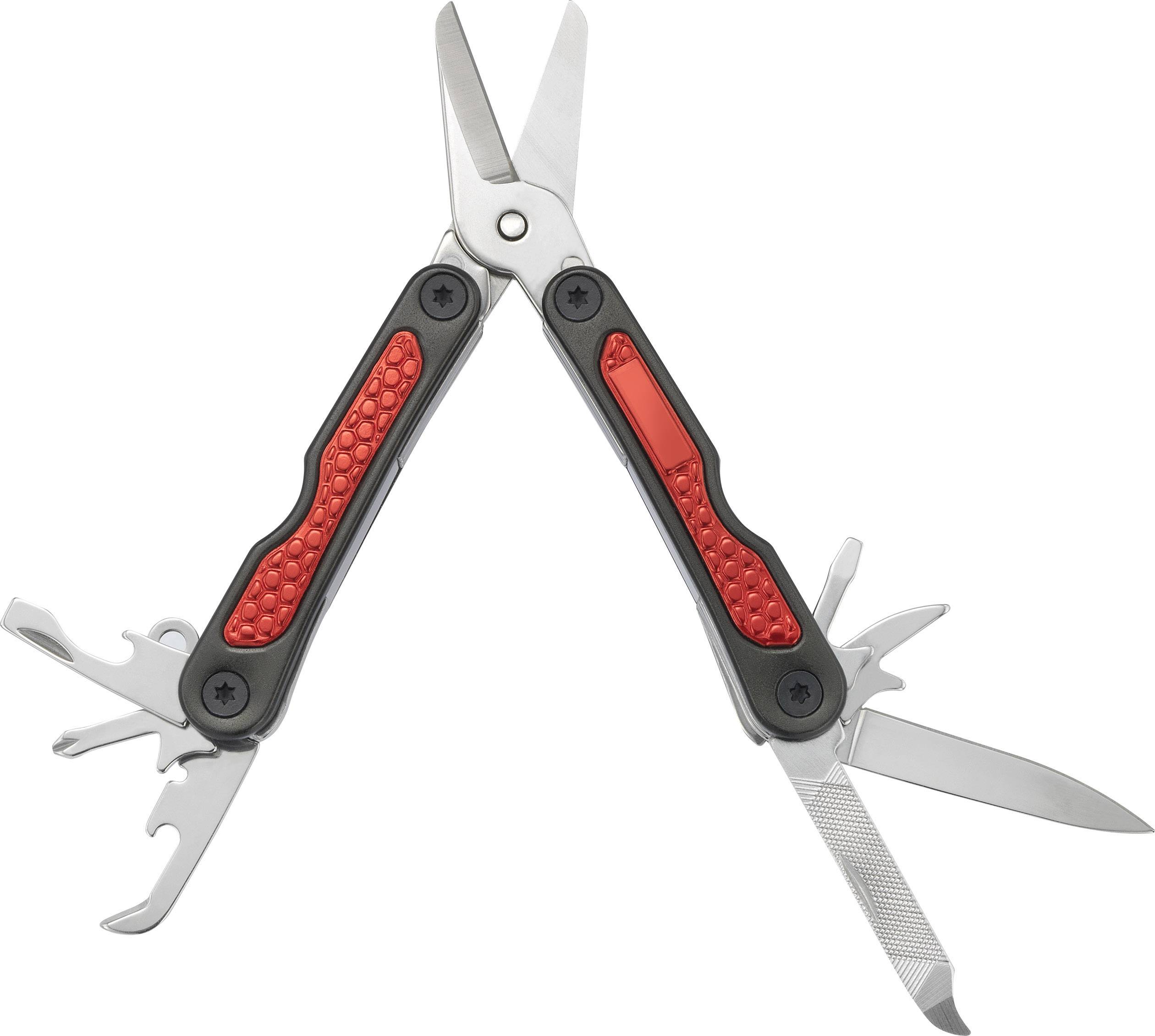 A multi-tool with folded-out scissors, knife, file and bottle opener. Black handle with red accents.