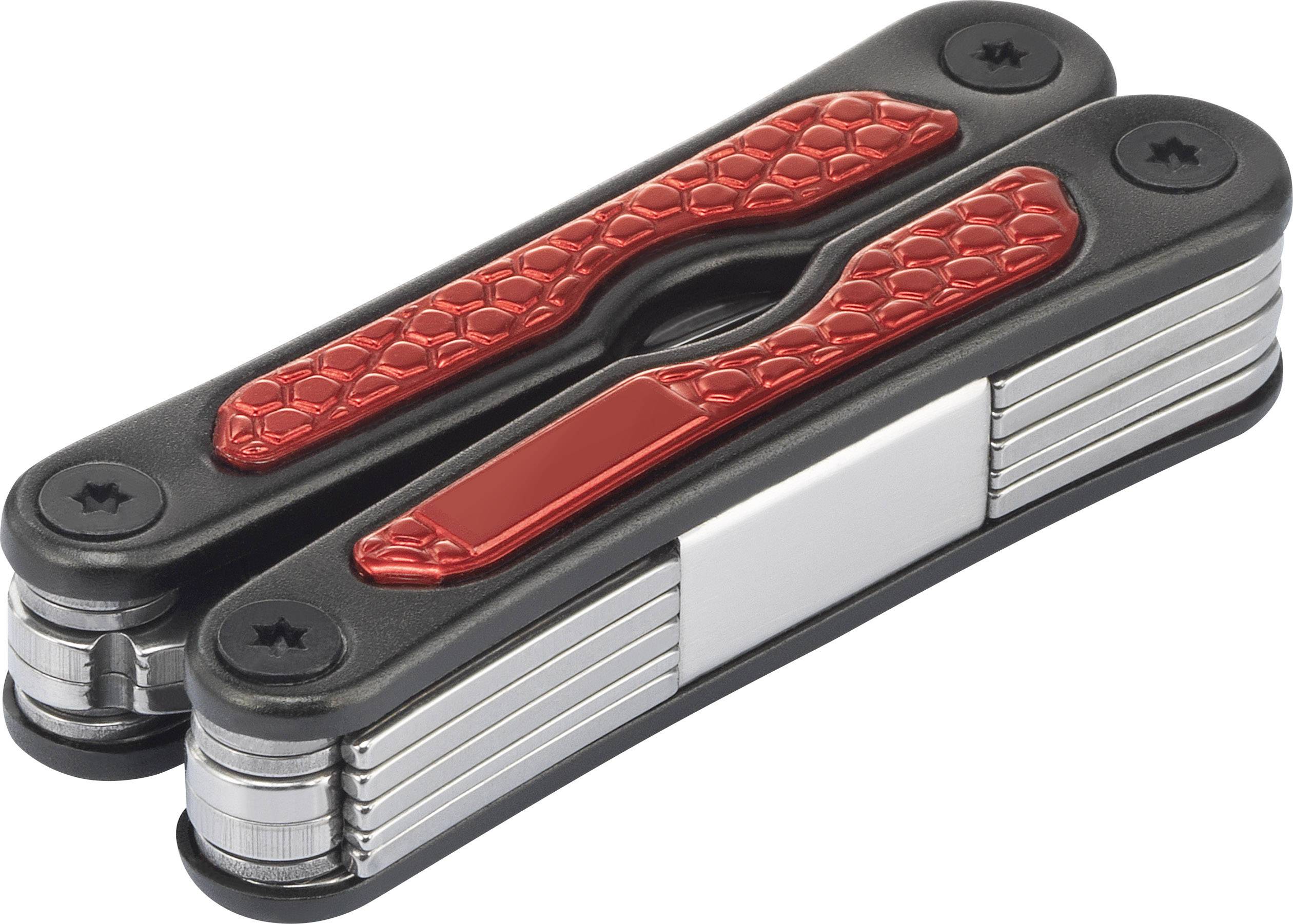 A foldable multi-tool with red accents and several metal screwdrivers.