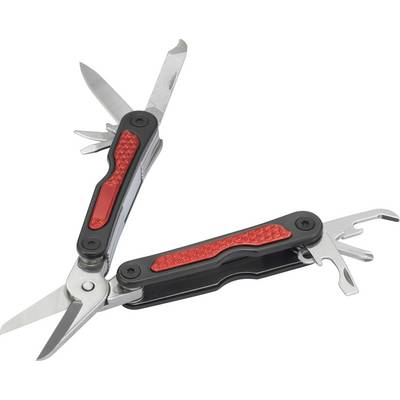 Multifunction tool with blades, scissors, and bottle opener. Black handles with red accents. Shown open.