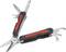 Multifunction tool with blades, scissors, and bottle opener. Black handles with red accents. Shown open.