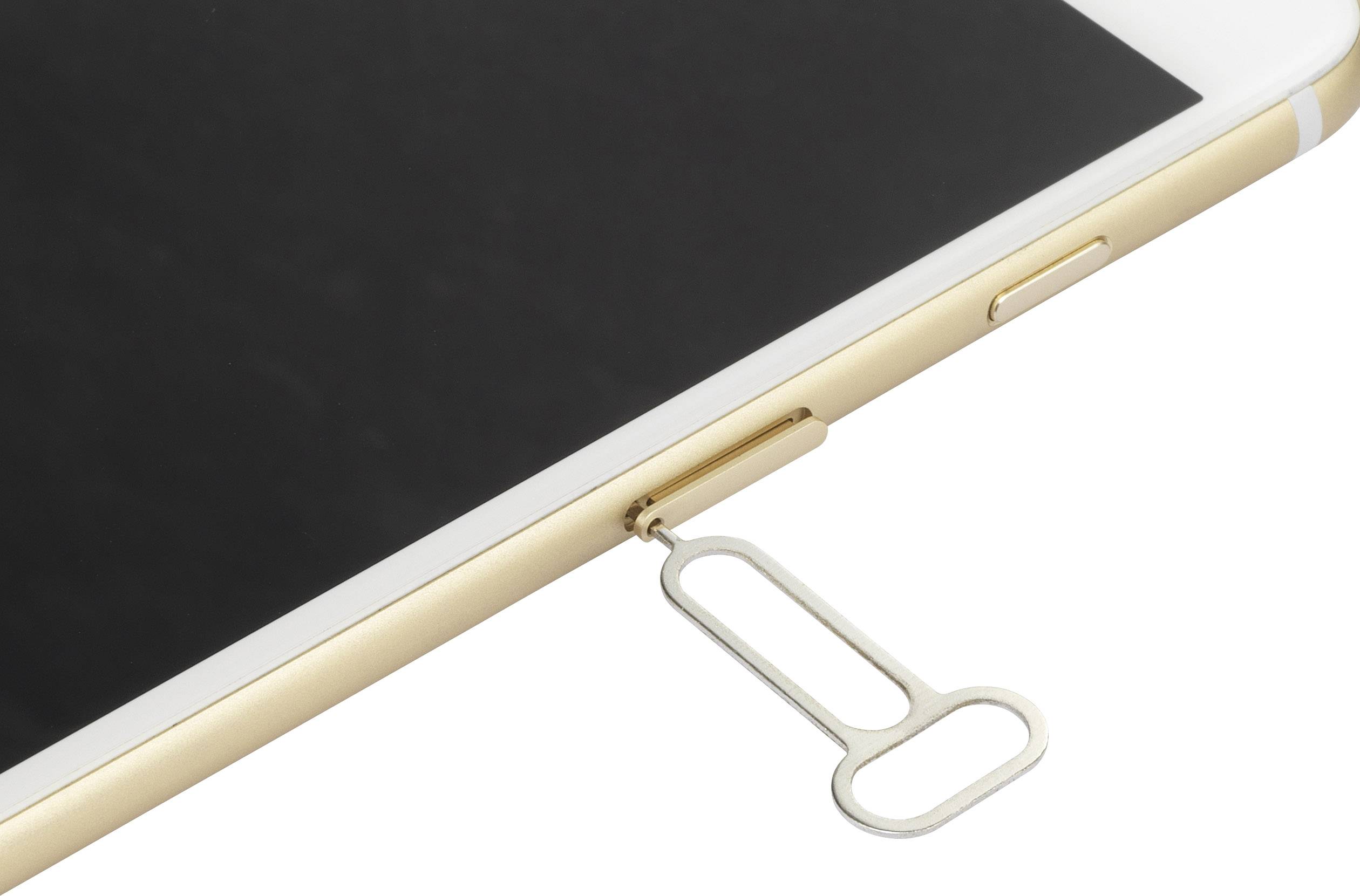 A smartphone with a SIM card ejection tool that is inserted into the SIM card slot to remove the card.