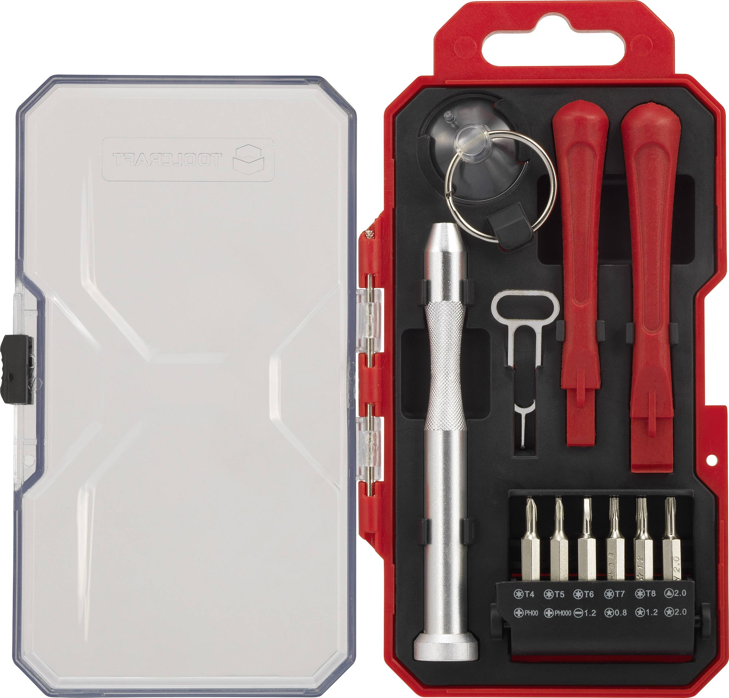 A repair kit with screwdrivers, red lever tools, and precision tips in an organised box. Ideal for electronic repairs.