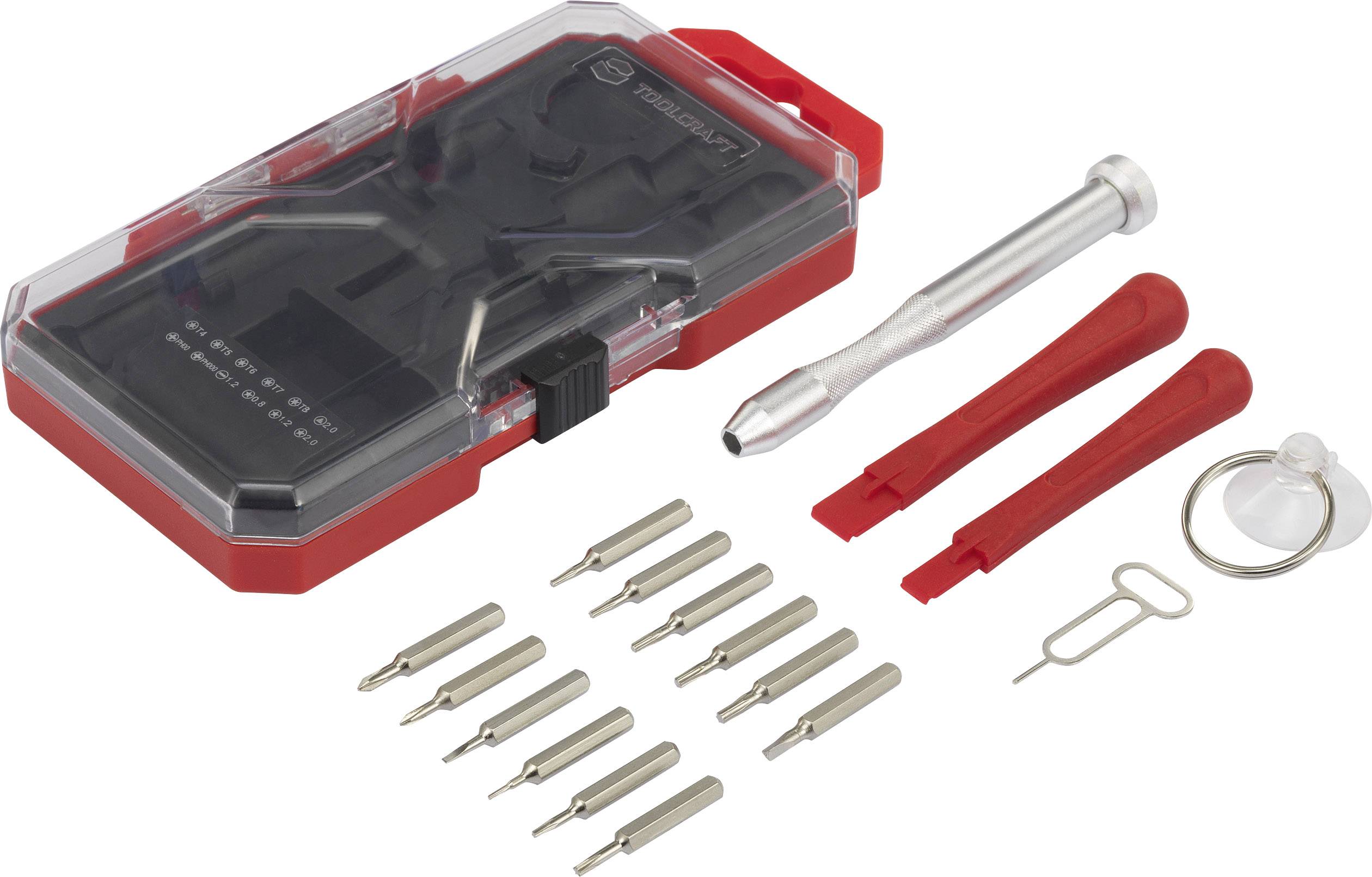 Electronic repair tool set with screwdriver, bits in various sizes, levers and SIM card opener. Ideal for smartphones.
