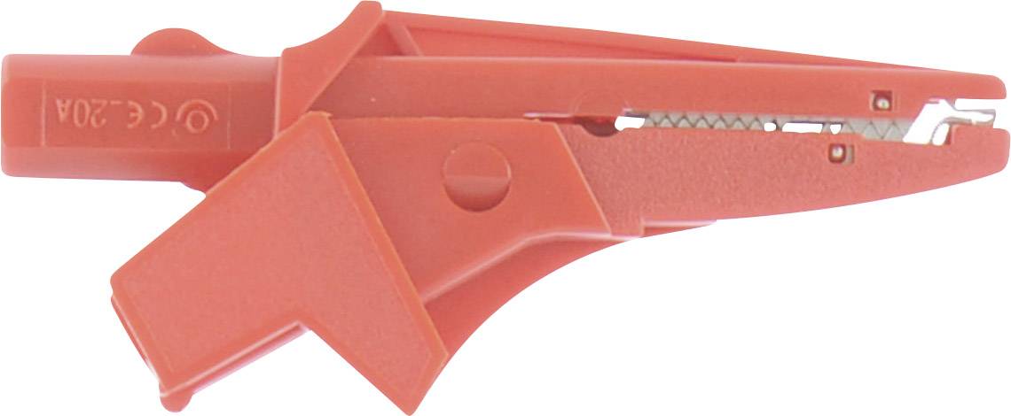 Red insulation stripping tool with blade cutting edge, used for removing cable insulation during electrical work.