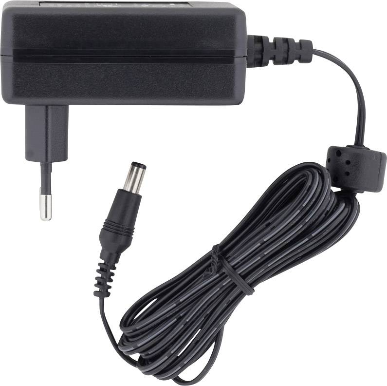 Black power supply with long cable and plug, suitable for electronic devices.