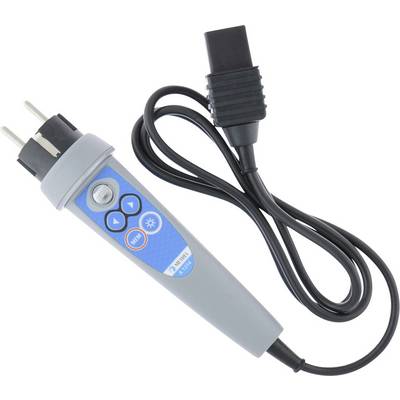 A socket testing tool with a visible display and buttons. A coiled cable is connected.