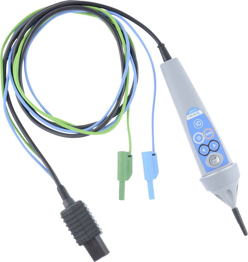 An electrical testing device with cables and probes for measuring voltage and current in electrical installations.