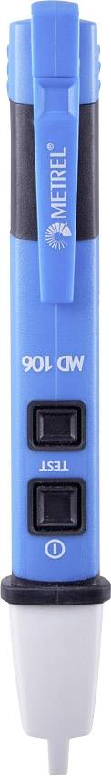 Blue voltage tester with two buttons, labelled 'MD 106' and 'Test'. Upper section with clip.