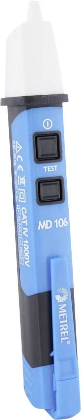 A blue non-contact voltage tester with a black handle. Two black buttons and the inscription 'MD 106' visible.