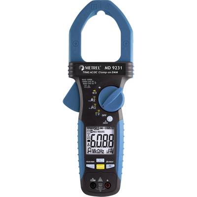 A blue-black electricity meter with a digital display shows '6.088 A'. It has functions for measuring current, voltage, and resistance.