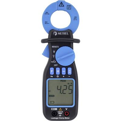 A leakage current clamp meter displays a value of '4.25 mA' on its display. It has blue and black operating controls and measures electrical currents.