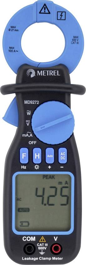 A digital clamp metre with a blue rotary knob and display, showing '4.25 mA'. The device is compact and portable, suitable for measuring alternating current.