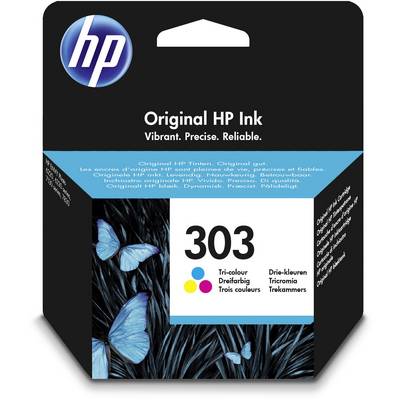 HP Ink Cartridge 303, tri-colour. Packaging with blue butterflies and the inscription 'Vibrant. Precise. Reliable.'.