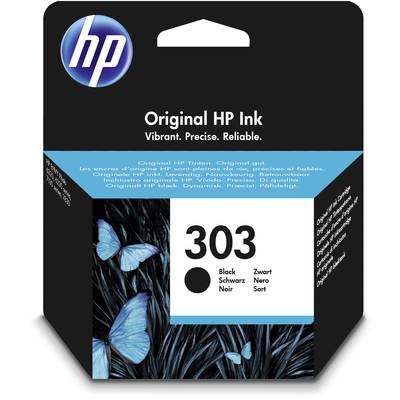 HP Printer Cartridge 303, black ink. Packaging shows blue butterflies on a dark background. Text: 'Vibrant. Precise. Reliable.'