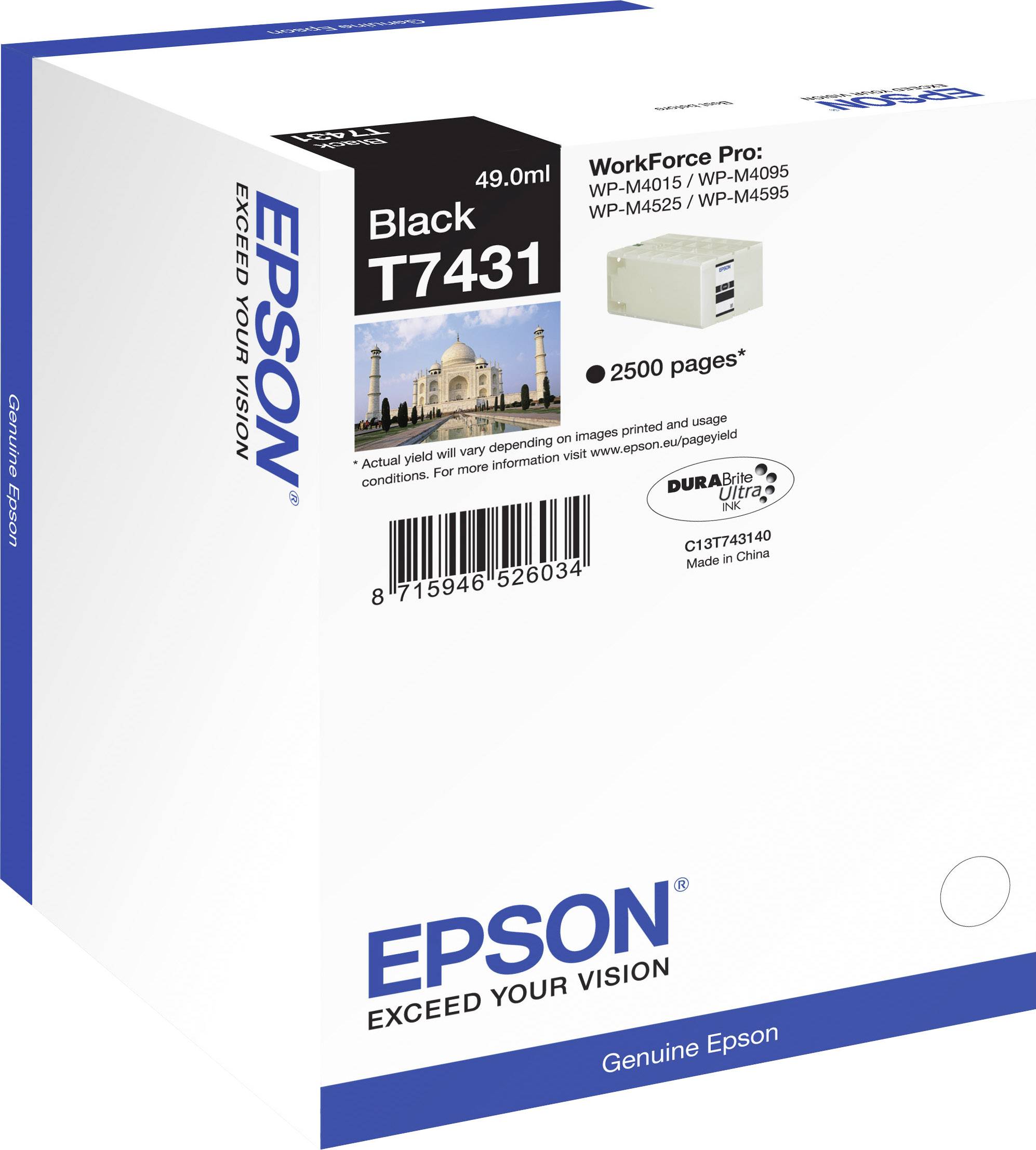 Epson T7431 Black Ink Cartridge, suitable for Workforce Pro models WP-M4015, WP-M4095, WP-M4525, up to 2,500 pages.