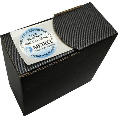 Black box with a Metrel label specifying the next inspection according to DGUV. Date disc shows '2017', '2018' up to '2024'.