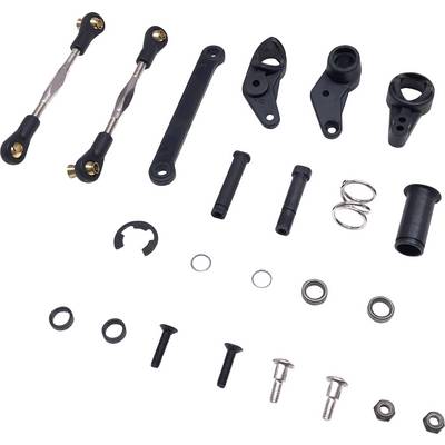 A set of metal and plastic components, including bolts, nuts, and screws, arranged on a light surface.