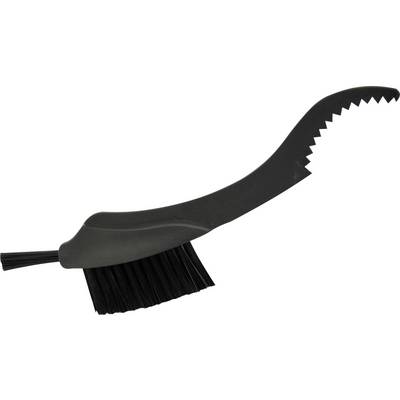 Black bicycle cleaning brush with curved handle and bristles, suitable for removing dirt and deposits from hard-to-reach areas.
