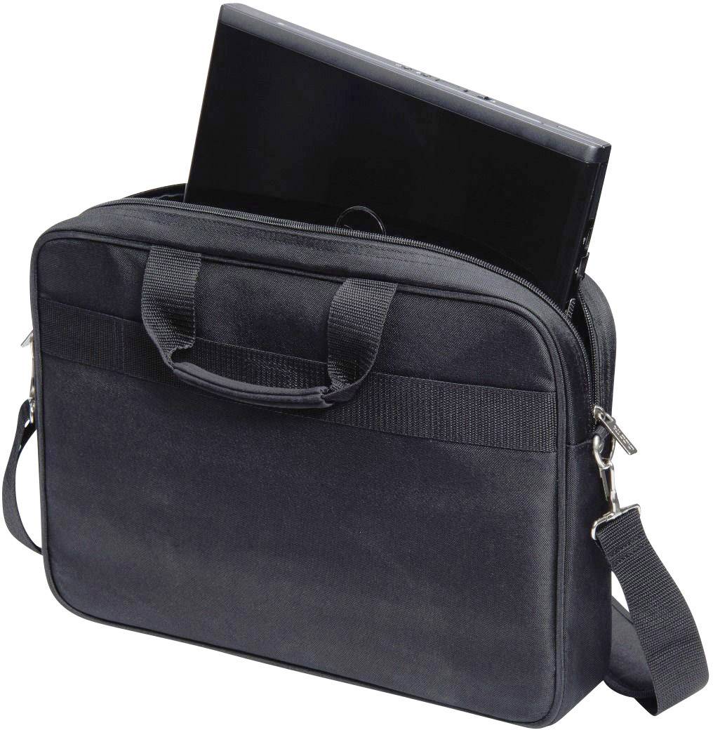 Black laptop bag with shoulder strap, showing a laptop partially protruding from the open bag. Suitable for transportation.