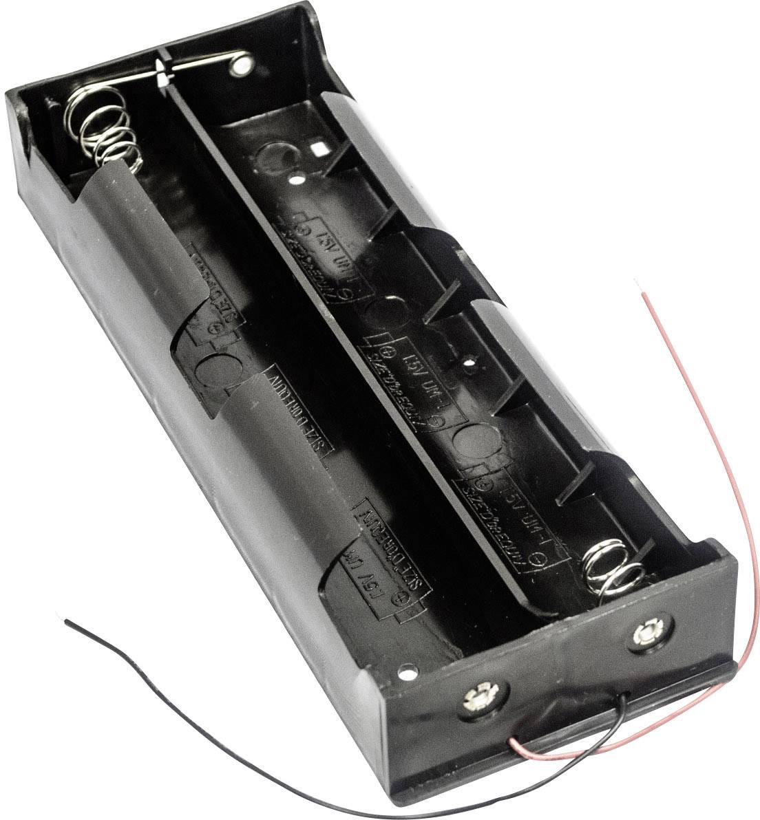 'Black, rectangular battery holder with three battery compartments, two spiral springs, and red and black connection wires.'