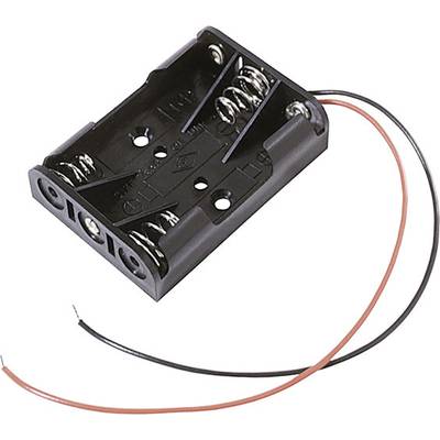 A black battery holder for four AA batteries with two protruding metal springs and red and black connecting wires.