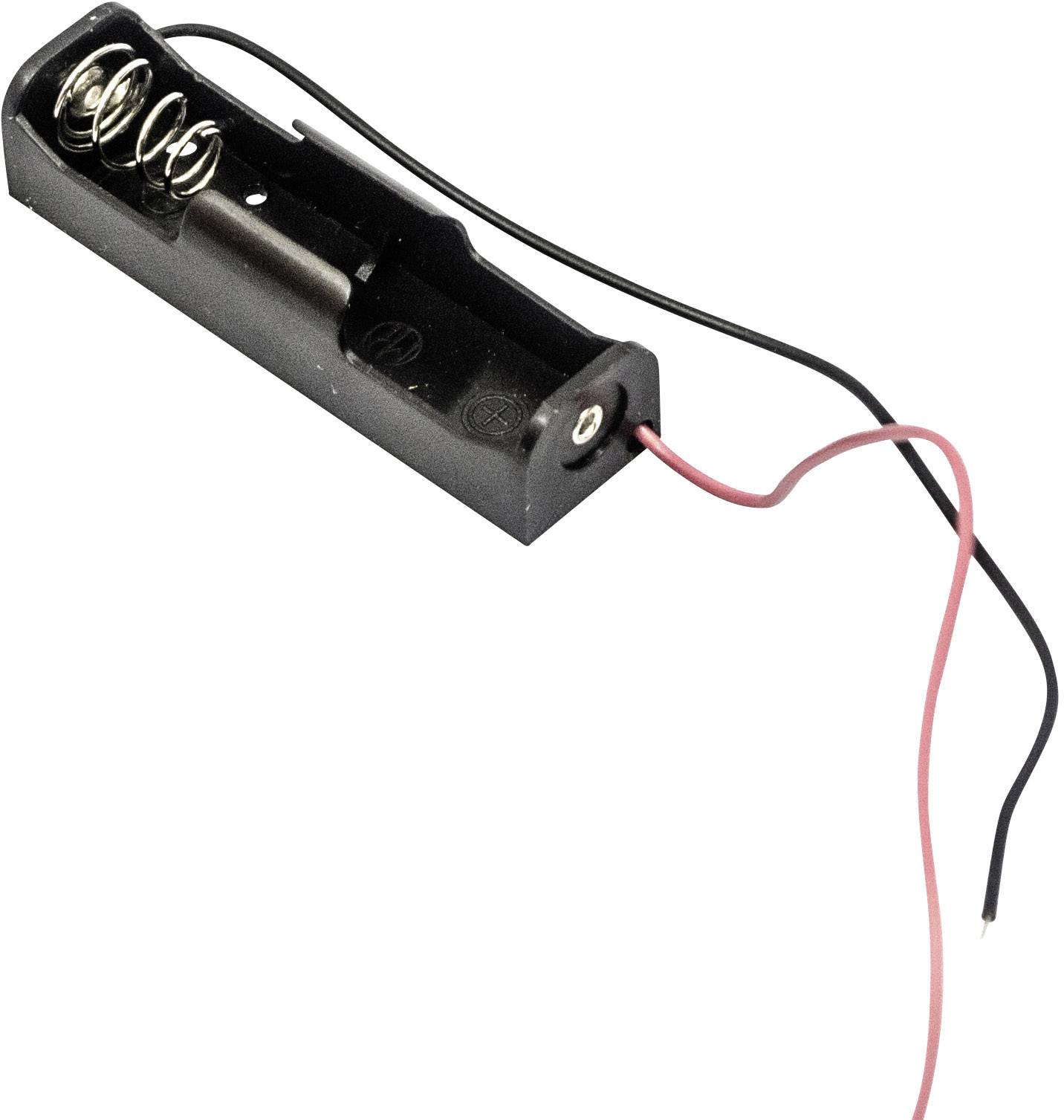 A battery holder in black with space for two batteries, fitted with red and black cables for electrical transmission.