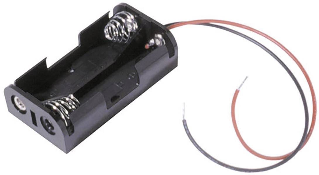 Battery holder for two AA batteries made of black plastic with red and black connecting wires.