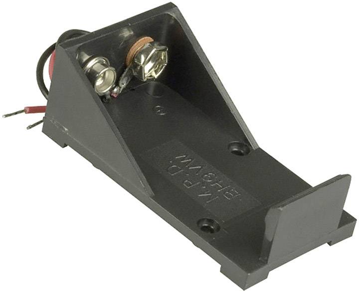 A black battery holder for 9V batteries with metal screws and cable connections.