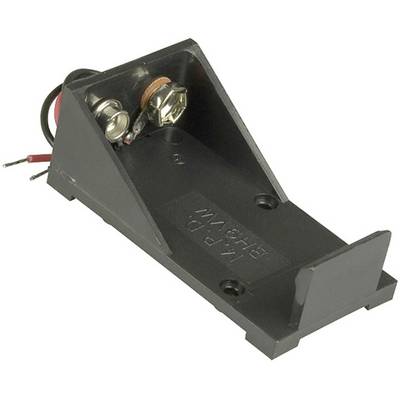 A black battery holder for 9V batteries with metal screws and cable connections.