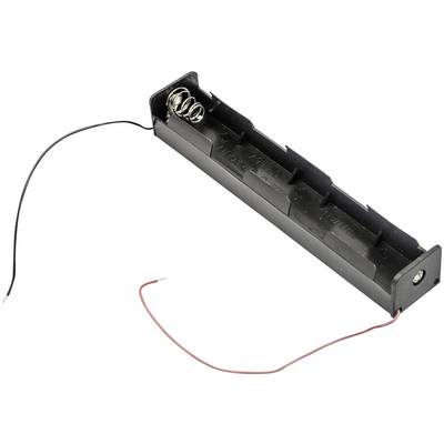 Black plastic battery holder for two AA batteries, with two connecting wires.