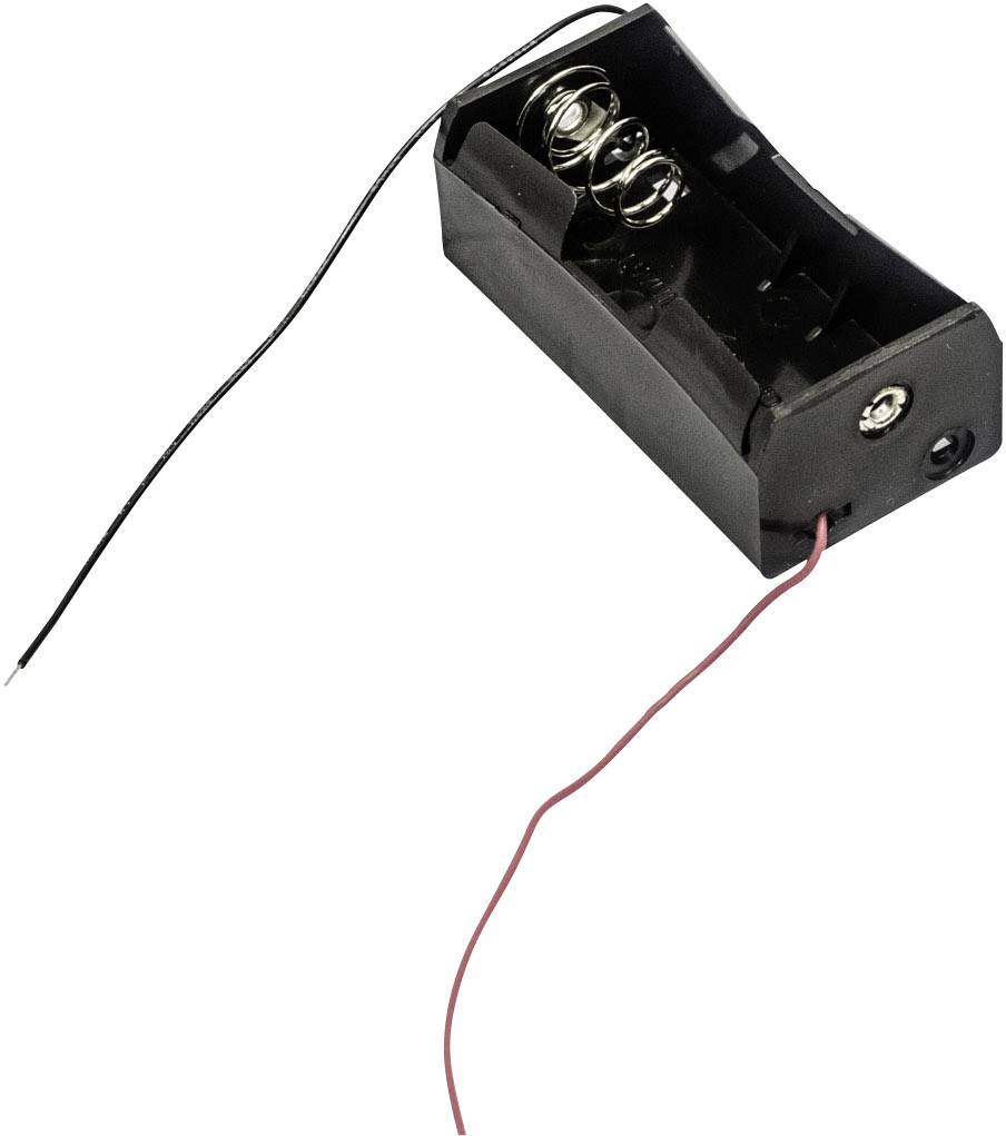 Black battery holder for two AA batteries, with red and black connecting wires.