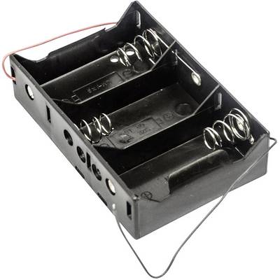 Black battery holder for three AA batteries, with red and black wires for electrical connection.