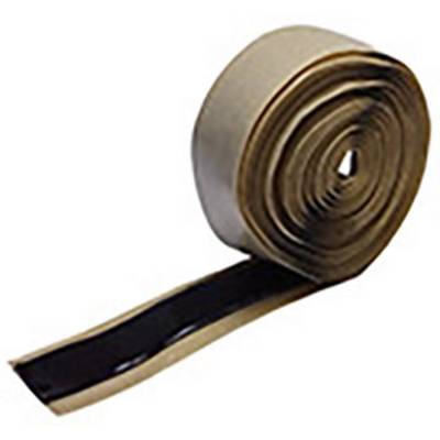 A roll of black adhesive tape, partially unrolled, showing the sticky side. Used for sealing and insulation.