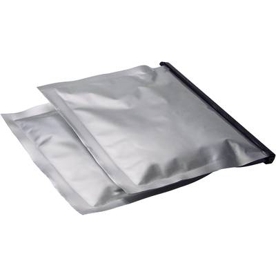 Two silver, sealed pouches, lying one on top of the other, on a white background.