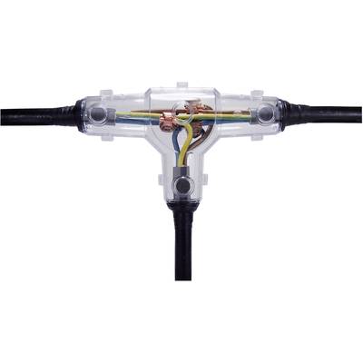 Transparent T-shaped cable connection with visible copper wires in different colours.