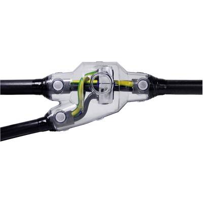 A transparent electrical cable connector shows coloured cables inside for power distribution and connection.