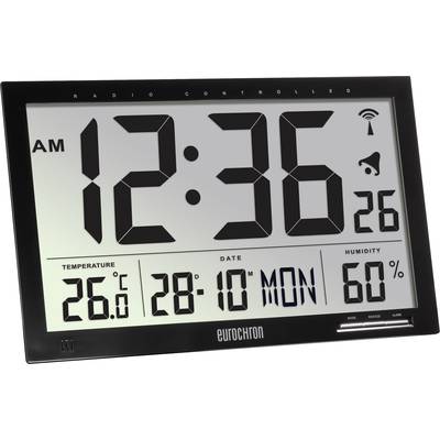 A digital radio alarm clock displays the time as 12:36, with the date '28/10 MON'. Temperature: 26°C, Humidity: 60%.