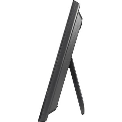 A black picture frame stands sideways, supported by a folding stand.
