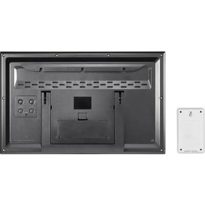 Rear view of an electronic device with wall mounting. On the left are four buttons for control. On the right, a cover is visible.