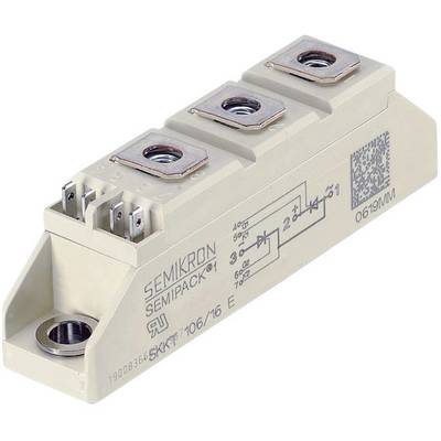 Electronic component with three terminal blocks, labelled 'SEMIKRON SEMIPACK', 'SKKT 106/16 E', showing circuit diagram and QR code.