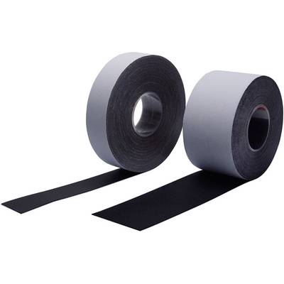 Two rolls of black adhesive tape, one lying down and partially unrolled, the other standing upright.
