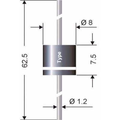 Diagram of a cylindrical electronic component, possibly a diode, with dimensions: total length 62.5 mm, diameter 8 mm, wire diameter 1.2 mm.