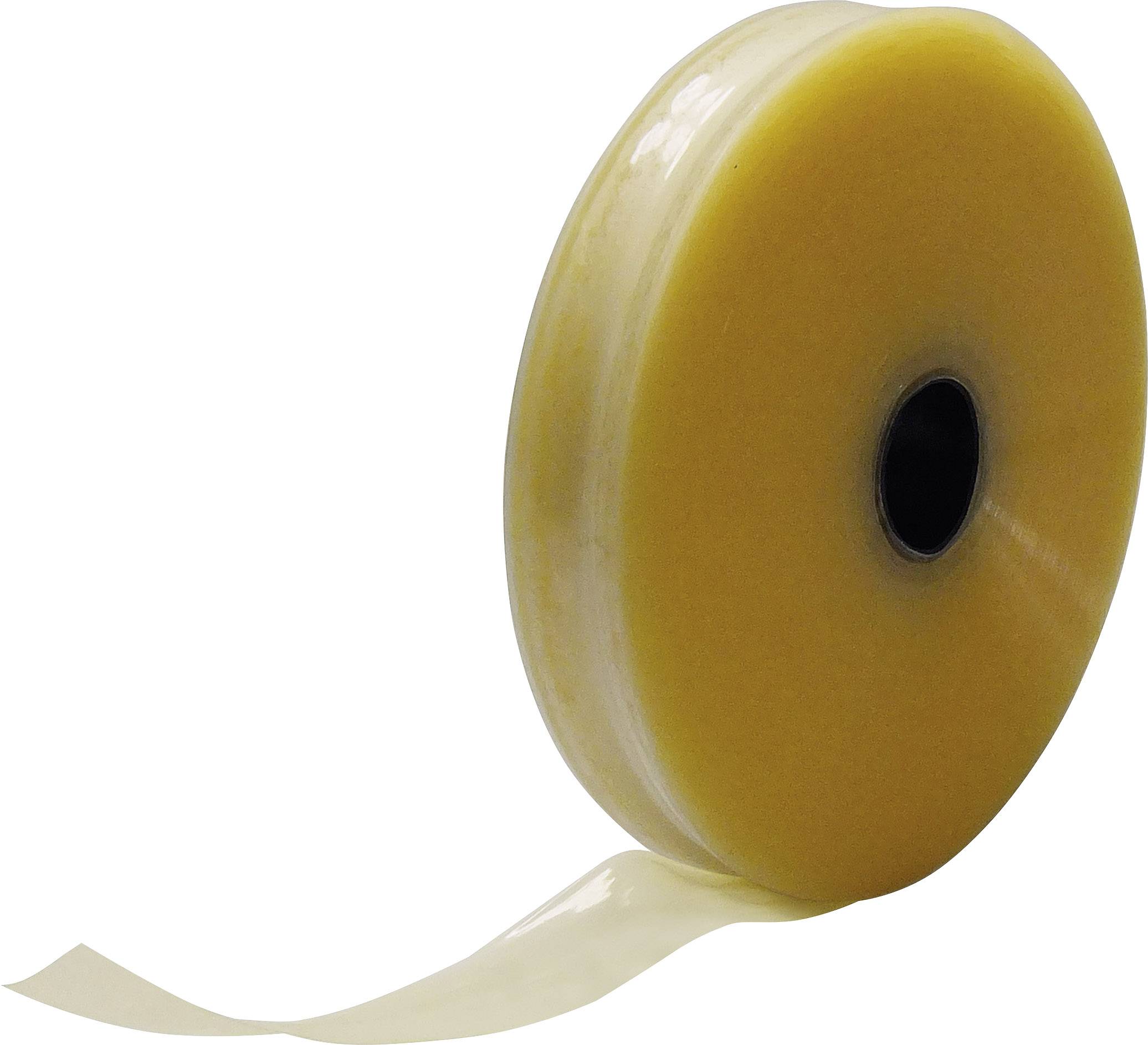 A large roll of transparent, yellow adhesive tape, partially unrolled.