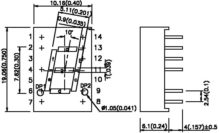 'Illustration of an electronic component with dimensions and connection details. Dimensions: Width 19.06, Height 10.16. Pins numbered from 1 to 14.'