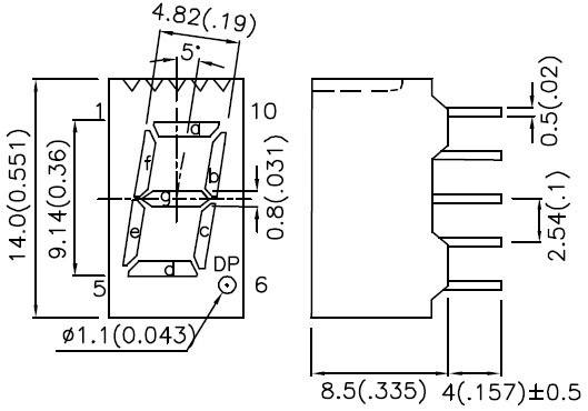 Technical drawing of an electronic component with detailed dimensions in millimetres and inches, including pin spacing and positions.
