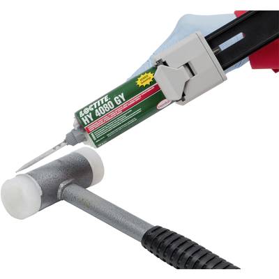 A hand squeezes adhesive from a Loctite tube onto a hammer head. The adhesive is applied precisely.