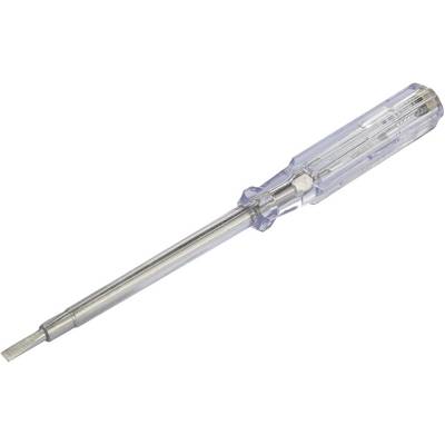 A screwdriver with a transparent plastic handle and metal blade.