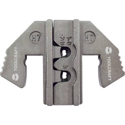 Metallic tool component with markings 'H7', 'TOOLCRAFT'. Central slot, industrial component.