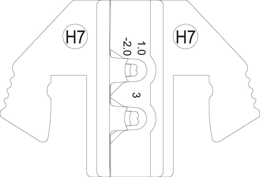 Technical drawing of a mechanical component with H7 markings, two circular openings in the centre, and symmetrical lateral extensions.